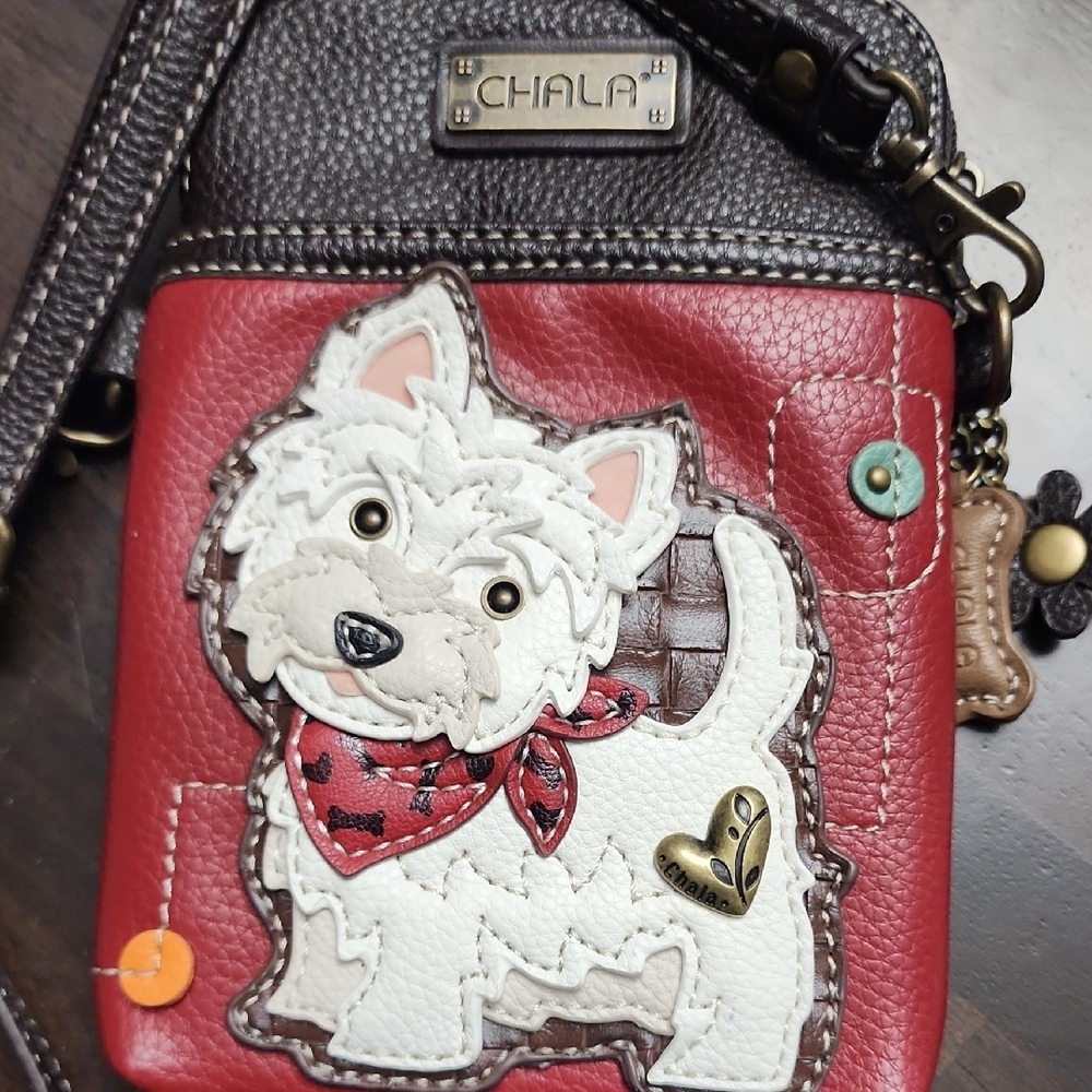 Chala Red and Brown Crossbody Bag with Dog Design